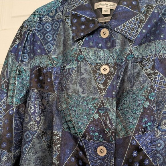 Coldwater Creek Paisley Patchwork Jacket Womens Size Large Blue Artsy Button Up - Picture 2 of 10